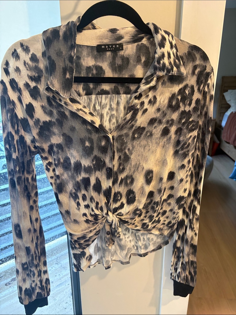 Maven West Black and Cream Leopard Tie-Front Button Shirt